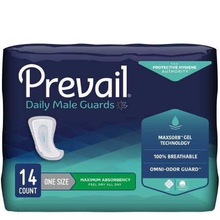 McKesson's Prevail® Daily Male Guards feature a 12.5" length, heavy absorbency polymer core, MaxSorb Gel Technology, 100% breathable design, and Omni-Odor Guard. These bladder control pads offer reliable protection for all-day dryness and peace of mind in a 14-count package. Designed to fit most sizes.