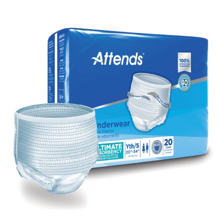 McKesson's Unisex Adult Absorbent Underwear packaging, in blue and white, highlights "Ultimate Absorbency" and odor control for small sizes (20-34" waist). A single white underwear with heavy absorbency is prominently displayed in front of the pack.