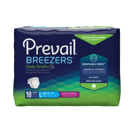 The McKesson Prevail® Breezers® unisex adult incontinence briefs, large (45"-58"), feature breathable zones, maxsorb gel technology, and omni-odor guard. The package contains 18 heavy absorbency disposable briefs with a blue and green design.