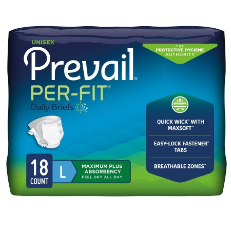 The McKesson Prevail® Per-Fit® Unisex Adult Incontinence Briefs, size large, come in an 18-count package. These disposable briefs feature Quick Wick with MaxSoft, easy-lock fastener tabs, breathable zones, and heavy absorbency for maximum all-day dryness and confident incontinence management.