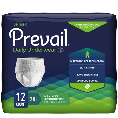 McKesson Unisex Adult Prevail® Daily Underwear, 2XL, offers moderate absorbency with MaxSorb Gel Technology and Skin Smart. Made from 100% breathable fabric with Omni-Odor Guard, it comes in a dark blue and green package with white lettering. Includes 12 count and tear-away seams for easy removal.