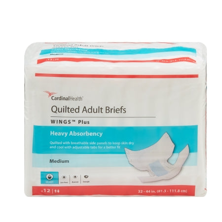 The image showcases a pack of McKesson Wings PLUS Quilted Adult Briefs, perfect for incontinence management. It features "Super Absorbency" and "Medium" size with adjustable tabs for better fit, containing 12 briefs suitable for sizes 32-44 inches (81.3-111.8 cm).
