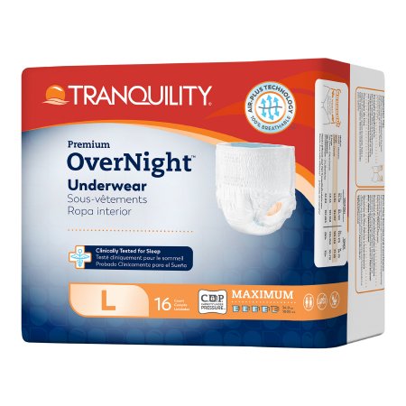 A box of Unisex Tranquility Premium OverNight Disposable Absorbent Underwear by Tranquility Principle Business, size L, with 16 maximum absorbency pull-ups for incontinence. Blue and orange package features English, French, and Spanish text.