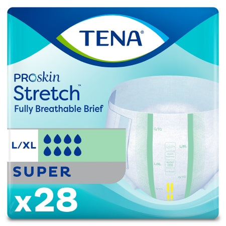 The McKesson TENA ProSkin Stretch™ Super incontinence briefs, size L/XL, come in a teal package labeled "Super" with 28 unisex briefs. They feature heavy absorbency and breathable fabric, with an image of a brief and water drop icons for protection.