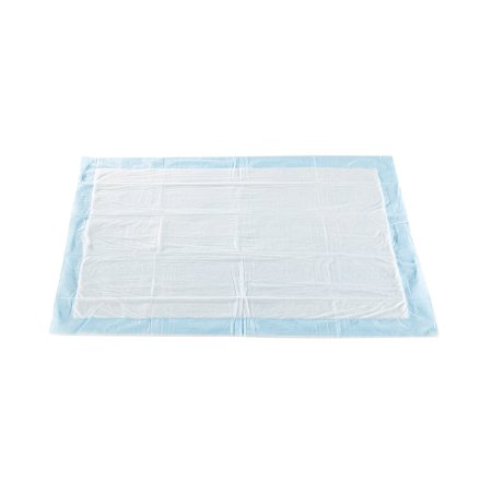 The McKesson Disposable Underpad, measuring 23 X 36 inches, features a blue border and white quilted center. Made from polymer material, it offers moderate absorbency to safeguard bedding and furniture from moisture.