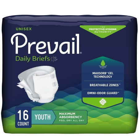 The image displays a 16-pack of McKesson's Unisex Youth Incontinence Brief Prevail® Daily Briefs, featuring Maxsorb Gel Technology for heavy leakage protection and Breathable Zones. These odor-preventing briefs with Omni-Odor Guard provide maximum absorbency.