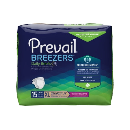 The McKesson Prevail Breezers XL unisex adult incontinence briefs are designed for waist sizes 58"-64". They feature "Breathable Zones," "Skin Smart Fabric," heavy absorbency, and "Omni-Odor Guard." The pack contains 15 briefs and comes in green packaging with blue accents.