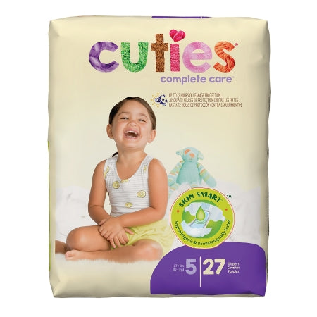 The packaging of McKesson's Cuties® Complete Care Size 5 diapers features a happy toddler in a white tank top with yellow polka dots next to a stuffed toy. Highlighting "Skin Smart" and heavy absorbency, these unisex diapers are ideal for children weighing 27+ pounds.