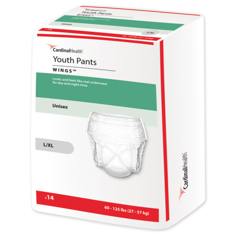 A package of McKesson Unisex Youth Absorbent Underwear Curity™ L/XL (60–125 lbs). Includes 14 pants for day and overnight bedwetting protection, offering reliable comfort and absorbency.
