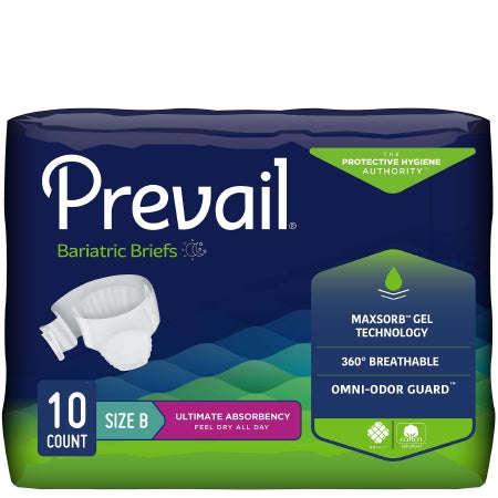 A package of McKesson Prevail® Bariatric Unisex Adult Incontinence Briefs, Size B, 10 count, offers heavy absorbency and features MaxSorb Gel Technology, 360° breathability, and Omni-Odor Guard. The package is mostly dark blue with green and white accents.