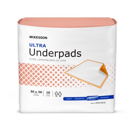The McKesson Ultra Disposable Underpad package, 30x36 inches with heavy absorbency, showcases a stylized orange grid design and an ultra-absorbent polymer underpad image. It includes 10 disposable underpads with text in English and Spanish.