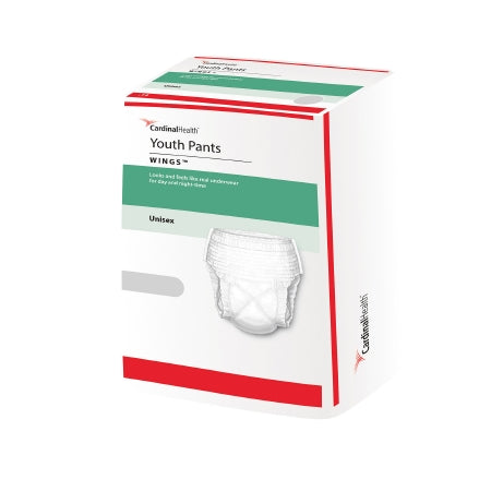 The packaging of McKesson's Unisex Youth Absorbent Underwear Curity™ features a highly absorbent, disposable design for overnight protection. The white box with red and green accents is suitable for unisex use.