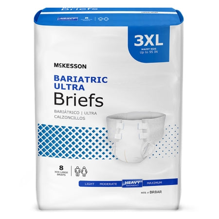 Package of McKesson Unisex Adult Incontinence Briefs, Ultra Bariatric 3X-Large, designed for waist sizes up to 95 inches. Offers heavy absorbency and contains 8 XXL disposable briefs. The packaging is white and blue, featuring product details in both English and Spanish.