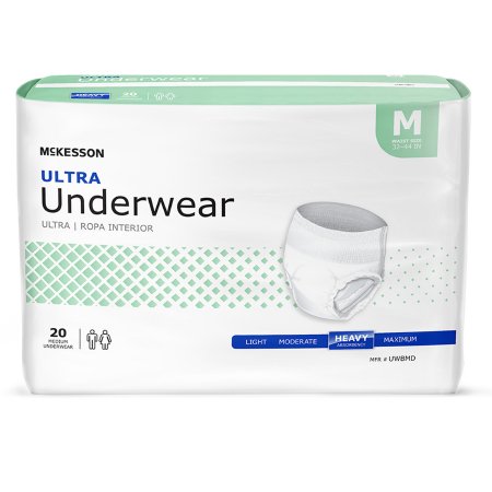 The packaging for McKesson's Unisex Adult Absorbent Underwear features a medium size design with heavy absorbency. This pack contains 20 disposable pieces, showcasing a fresh green and white color scheme.