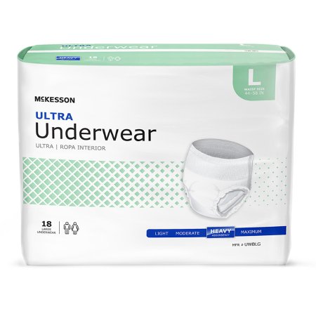 The McKesson Ultra Disposable Unisex Adult Underwear, size large, features a white and green design with 18 ultra-absorbent pieces for heavy needs, offering discreet protection and comfort with tear-away seams.