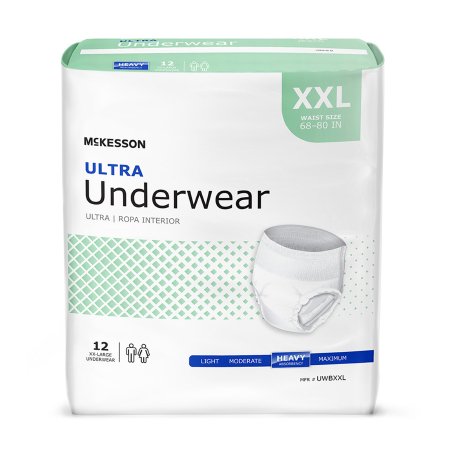The McKesson Ultra Pull On Unisex Adult Absorbent Underwear in XXL size is designed to fit waist sizes ranging from 68-80 inches. It features a white design with green accents and includes an image of the underwear. Labeled for heavy absorbency, the package contains 12 disposable adult garments and has tear-away seams for convenience.