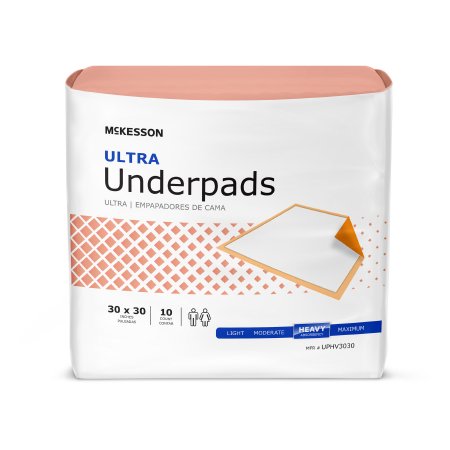 The McKesson Ultra Disposable Underpads, boasting heavy absorbency, are sized at 30x30 inches and packaged in a count of 10. The package design includes a disposable underpad illustration with white and orange design accents, featuring icons that denote suitability for both genders.