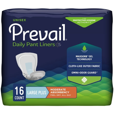 McKesson's Prevail® Daily Pant Liners Large Plus offer comfort and confidence with features like MaxSorb Gel Technology, cloth-like outer fabric, and Omni-Odor Guard. This pack includes 16 unisex bladder control pads with a 28-inch length and moderate absorbency.