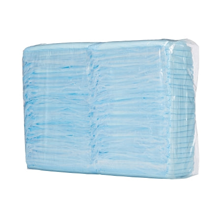 A transparent plastic package contains a stack of McKesson's Simplicity™ Basic 23x36 inch blue disposable underpads with fluff for light absorbency.