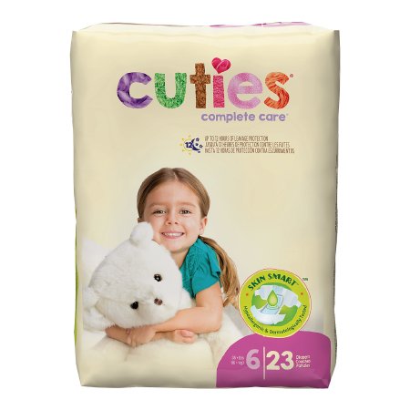 The image shows a McKesson package of Unisex Baby Diaper Cuties® Complete Care Size 6 Disposable Heavy Absorbency with a smiling child hugging a white teddy bear. The pack includes 23 diapers designed for ultimate comfort.