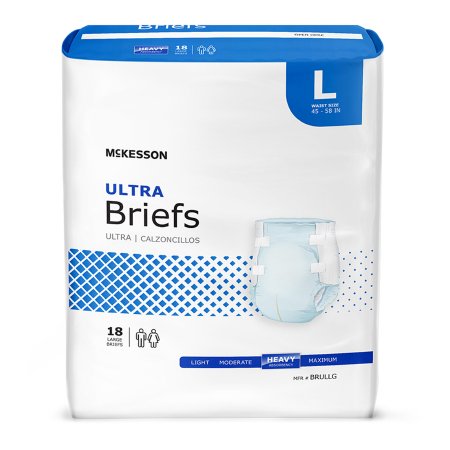 The McKesson Ultra Unisex Adult Incontinence Briefs, large size, provide heavy absorbency for maximum comfort. The packaging features a white and blue design with images of incontinence briefs and indicates an 18-count.