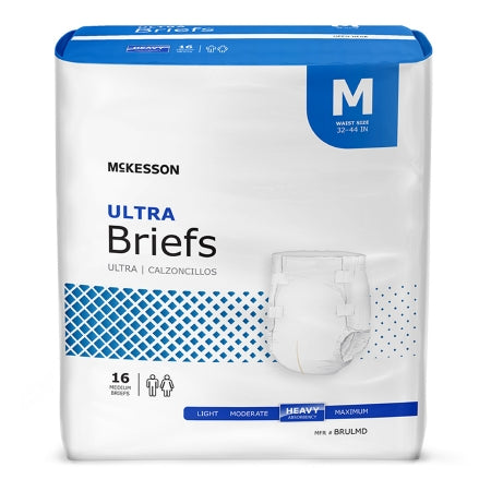 The McKesson Ultra Briefs, medium size (32-44" waist), offer heavy absorbency in a pack of 16. The packaging features white and blue colors with a brief illustration.