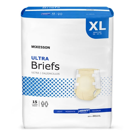 McKesson's Unisex Adult Incontinence Briefs in X-Large feature blue accents and an image emphasizing their disposable nature. The packaging includes icons for heavy absorbency, catering to incontinence needs, and labels are provided in both English and Spanish. Each package contains 15 briefs designed for waist sizes ranging from 59-64 inches.