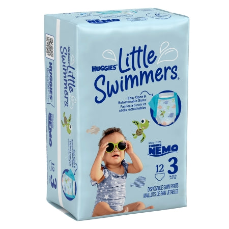 A pack of McKesson's Huggies Little Swimmers Size 3 unisex baby swim diapers features a child in sunglasses and swimsuit with Disney Pixar Nemo designs, offering 12 disposable, heavy absorbency diapers with easy open and reclosable sides.