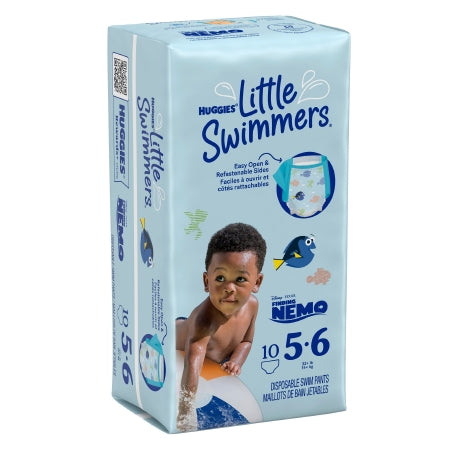 The McKesson Huggies® Little Swimmers® Unisex Baby Swim Diapers, Size 5-6, feature Disney's Finding Nemo packaging with a cheerful baby on an inflatable tube and include 10 heavy absorbency disposable swim pants for fun water adventures.