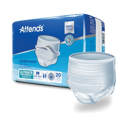 A package of Attends® Unisex Adult Absorbent Underwear, medium size (34"-44"), features one pair in front. The blue and white packaging emphasizes "Ultimate Absorbency" with an advanced core for superior leak protection and includes 20 items.