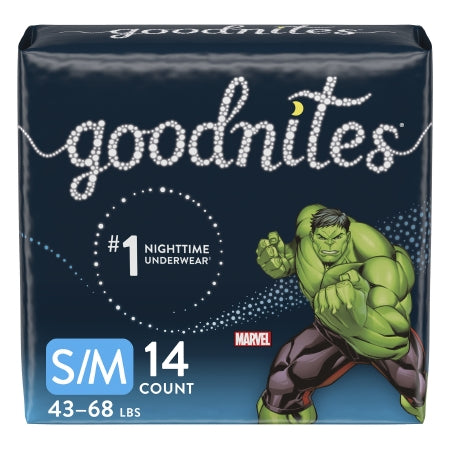 McKesson GoodNites® Male Youth Absorbent Underwear, size S/M for 43-68 lbs., features a dark blue pack with a Marvel green superhero image and brand logo, ensuring protection with style. Contains 14 comfortable bedwetting pull-on pants with tear-away seams.