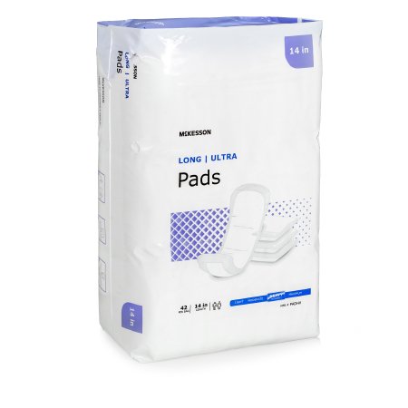 A package of McKesson Bladder Control Pad Ultra 14 Inch, with heavy absorbency. The mainly white pack with blue accents displays 42 pads and highlights their 14-inch length on the front.