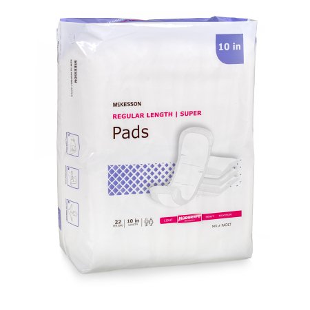 The Bladder Control Pad McKesson Super 10 Inch comes in a white package accented with purple, containing 22 pads. It promises super absorbency and features product illustrations, with "10 in" prominently displayed at the top right corner for reliability.