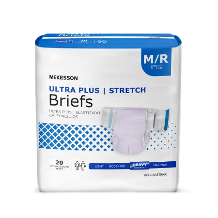 The image shows a McKesson Ultra Plus Stretch Incontinence Brief package, size M/R with blue and white packaging, containing 20 unisex disposable briefs. These provide heavy absorbency and are designed for comfort and coverage with refastenable tabs for a secure fit.
