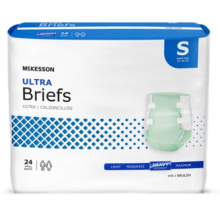 The packaging for McKesson Unisex Adult Incontinence Briefs features the Ultra Small size, designed for waist sizes 22-36 inches. Each pack includes 24 heavy absorbency disposable briefs with refastenable tabs. The package is predominantly white with blue accents and showcases an image of a green brief.