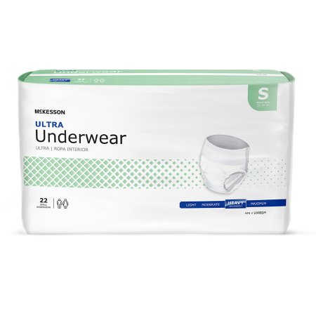 The McKesson Ultra Unisex Adult Underwear, size Small, designed for heavy absorbency, comes in green and white packaging with 22 disposable pieces. Suitable for men and women, it features pull-on design with tear-away seams and clear usage instructions.