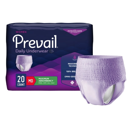 McKesson’s Prevail® Adult Absorbent Underwear For Women comes in a 20-count pack of medium-sized, maximum absorbency briefs with Comfort Shape Plus and Omni-Odor Guard, set against a dark purple backdrop with light purple underwear showcased.
