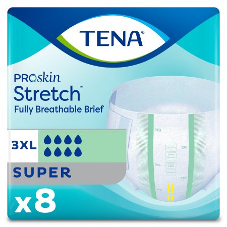 McKesson's TENA ProSkin Stretch™ Super 3XL Disposable Unisex Adult Incontinence Briefs feature heavy absorbency and 100% breathable technology, indicated by an eight-drop icon. The pack includes eight briefs.