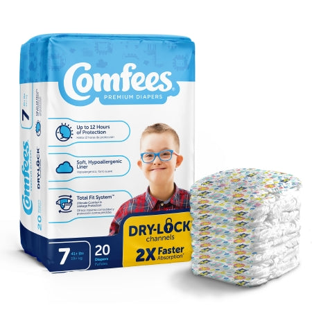 Package of McKesson's Comfees® Unisex Baby Diapers, size 7, with a child in glasses on the packaging. It highlights "Dry-Lock Channels" and DriNite Protection for up to 12 hours of comfort. Next to it is a stack of diapers featuring colorful patterns.
