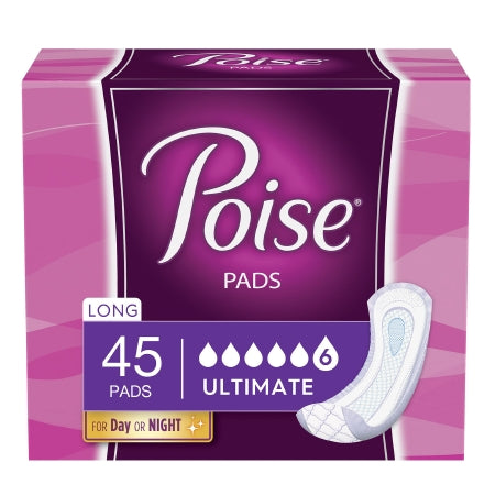 The image shows a package of McKesson Bladder Control Pads, named Poise Ultimate, featuring "45 Pads" with "Long Ultimate" stated. A droplet graphic signals level 6 absorbency. Designed for day or night use, the packaging is in purple and pink shades and measures 15.9 inches with heavy absorbency.