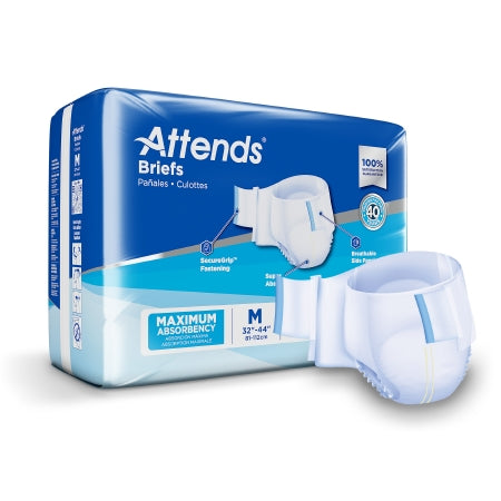 The Original Attends Briefs With Tabs, by Attends, comes in medium size (32"-44"), offering heavy absorbency and featuring "SecureGrip" tabs and "100% Breathable" material for incontinence protection. The blue packaging highlights "Maximum Absorbency.