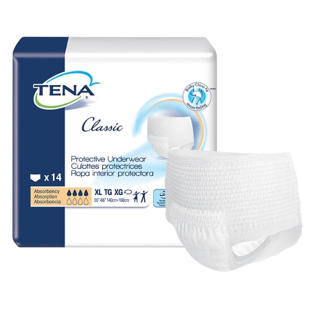 The McKesson package of TENA Classic Unisex Adult Absorbent Underwear, size XL, includes 14 moderate absorbency units. The blue and white packaging features an image of the underwear and product details in multiple languages.