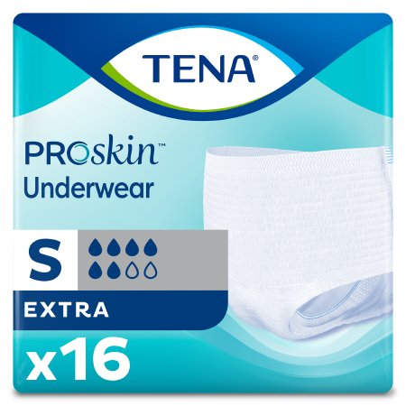 Packaging for McKesson's TENA ProSkin Underwear, Size Small, features a white undergarment image, "EXTRA" absorbency with four droplets icon, and "x16" for 16 pieces. Set on a light blue background with the TENA logo at the top, it emphasizes its Triple Protection design.