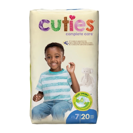 McKesson's Unisex Baby Diaper Cuties® in size 7 features packaging with a smiling child in a striped shirt next to a plush elephant. The "Skin Smart" label and "20 count" emphasize their high absorbency.