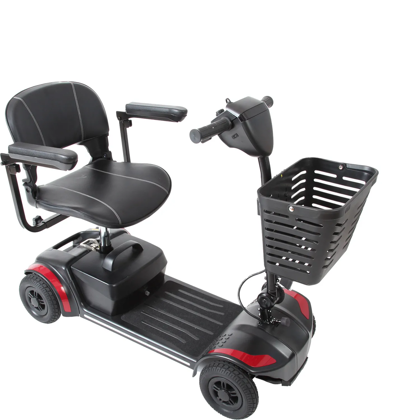 The Journey Health & Life Style Adventure Scooter is a black 4-wheel mobility scooter with a padded seat, armrests, handlebars, and a front basket—ideal for seniors seeking comfort and practicality.