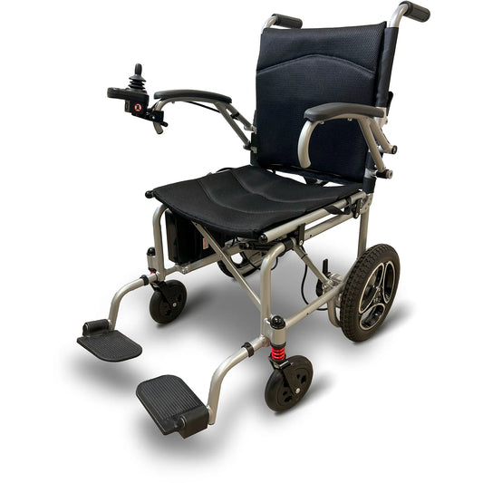 The Journey Air Power Wheelchair by Journey Health & Life Style is a modern foldable electric chair with a black seat, right-arm joystick, armrests, footrests, large rear wheels, small front wheels, and brushless motors against a plain white background.