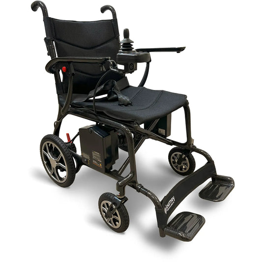 The Journey Health & Life Style Air Elite Power Wheelchair is a lightweight, foldable black chair with joystick armrest control, battery under the seat, large rear wheels, smaller front wheels, and footrests for easy maneuverability.
