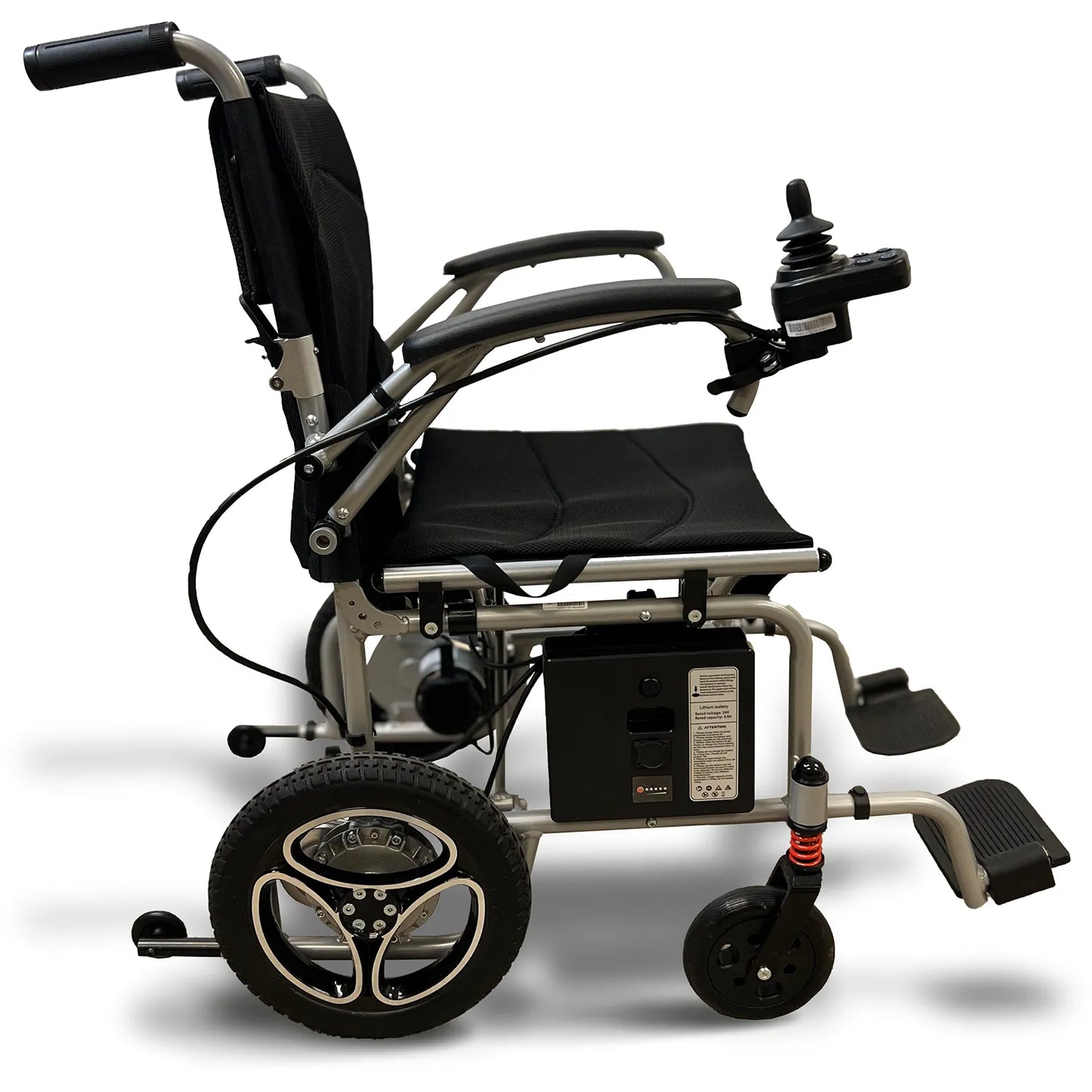 The Journey Air Power Wheelchair by Journey Health & Life Style features a black seat, adjustable armrests, right-side joystick control, large rear wheels, and a sturdy metal frame, shown from the side on a white background.