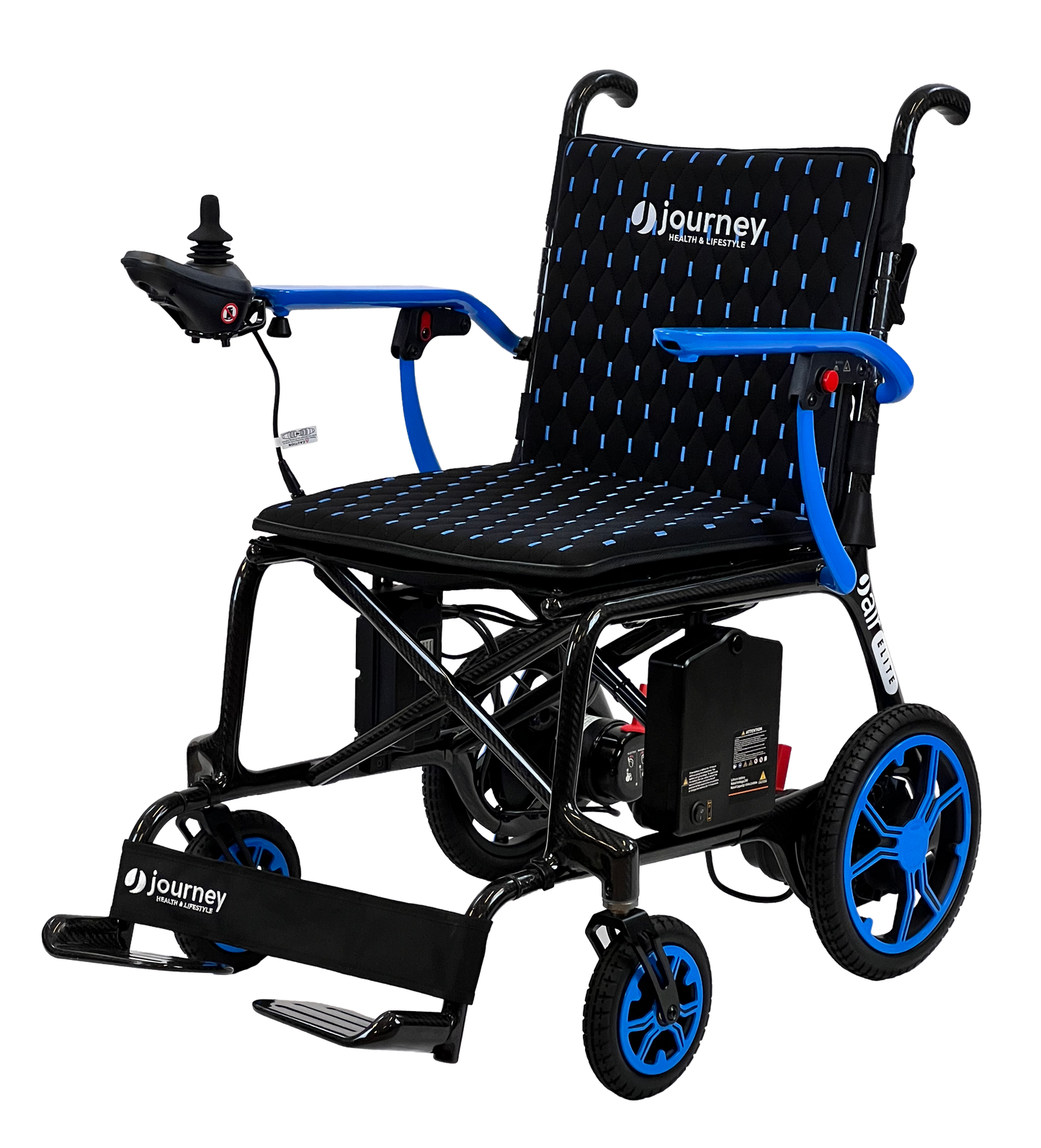 The Air Elite Power Wheelchair by Journey Health & Life Style features a black and blue design, joystick control on the armrest, padded seat, sturdy frame, large rear wheels, and visible brand logos on the seat and footrest.