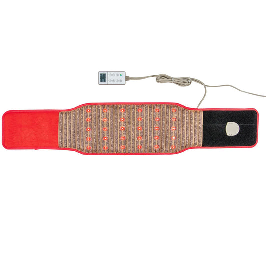 The Amethyst Belt Soft - Photon PEMF InfraMat Pro® by HealthyLine is equipped with an array of small lights arranged in rows and connected to a digital control device via cord. This gemstone heating red light therapy belt includes adjustable straps, making it ideal for wearable heat or light therapy.